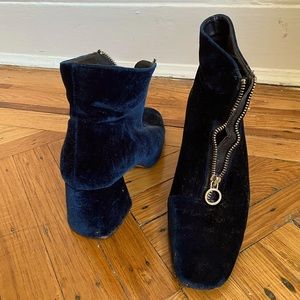 Retro Blue Suede Sock Booties with Small Heel